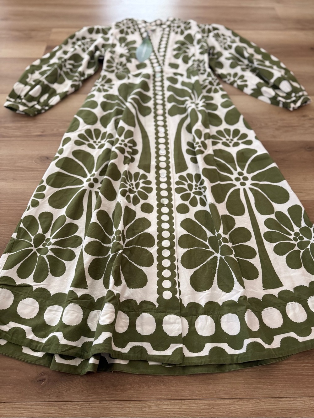 FARM RIO PALERMO OLIVE GREEN & BEIGE MAXI DRESS LARGE - Picture 2 of 8